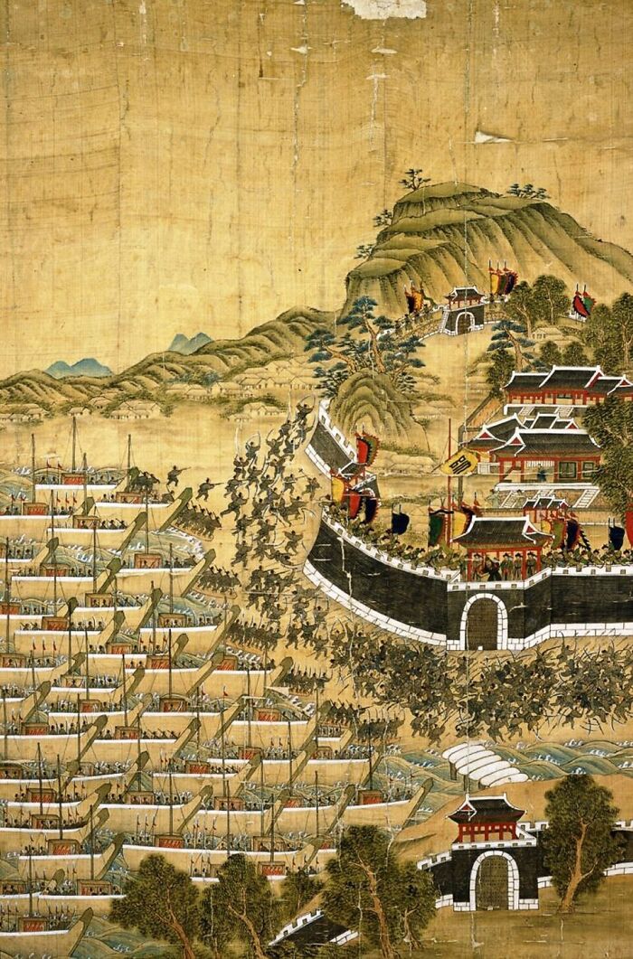 An ancient painting of a naval battle with ships attacking a fortified city, a fascinating history fact.