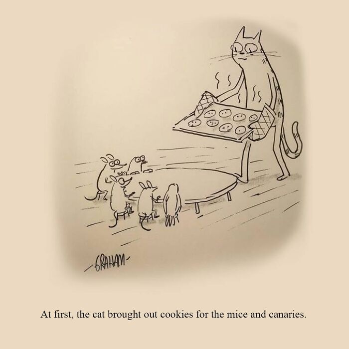 Weird cat comics: A tall cat in oven mitts holds a tray of cookies for a group of small mice and canaries.