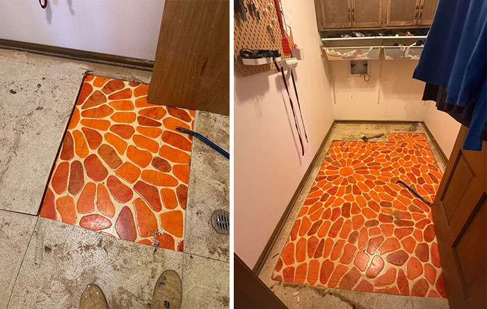 Orange patterned floor tiles being uncovered, a classic example of 1970s and 1980s interior design.