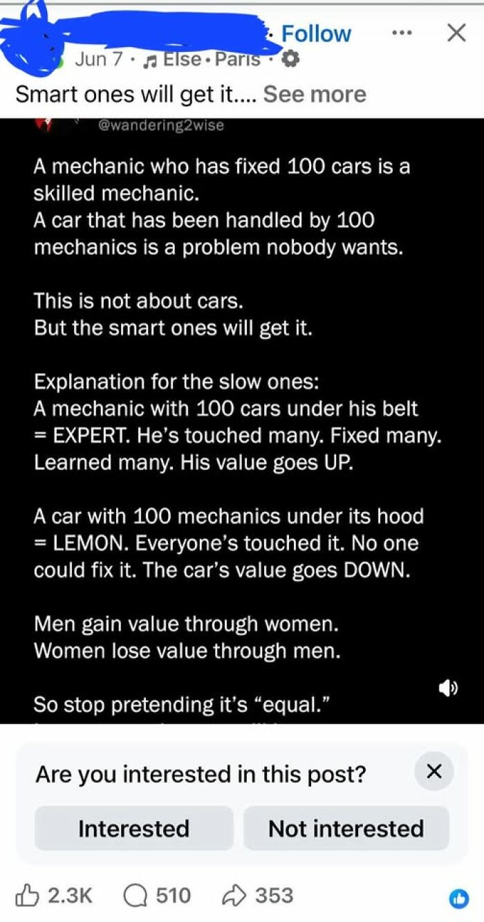 A social media post with text about funny examples of guys thinking highly of themselves. The post discusses a mechanic vs. a car.