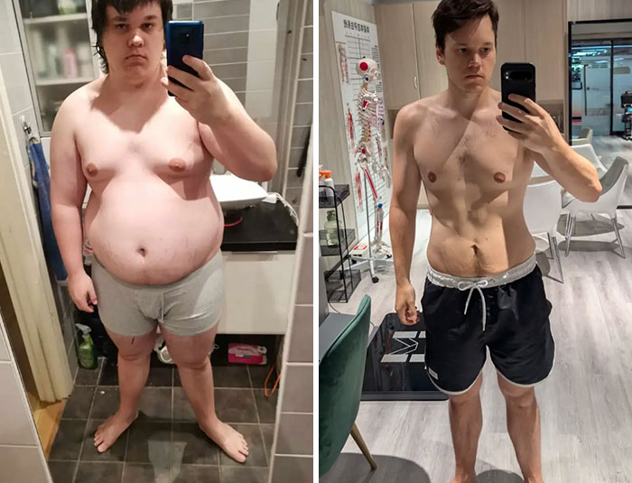 A dramatic before-and-after image of a man's body transformation after attending Chinese fat camp. A dramatic before-and-after image of a man's body transformation after attending Chinese fat camp.
