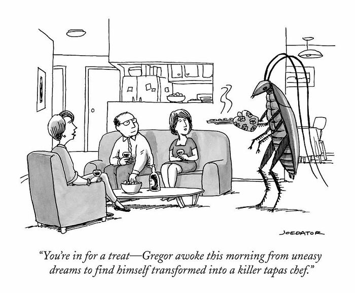 A brilliant single panel cartoonist drawing of a giant cockroach serving tapas to a seated couple, highlighting everyday absurdity.