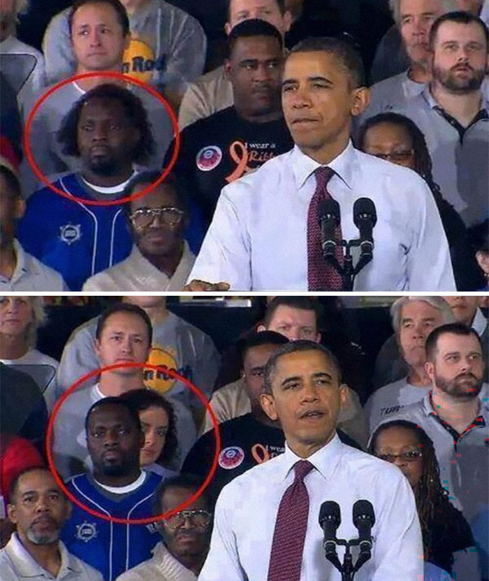An absurd split image shows a man in the crowd next to Barack Obama, with his hair changing, impossible not to laugh at.
