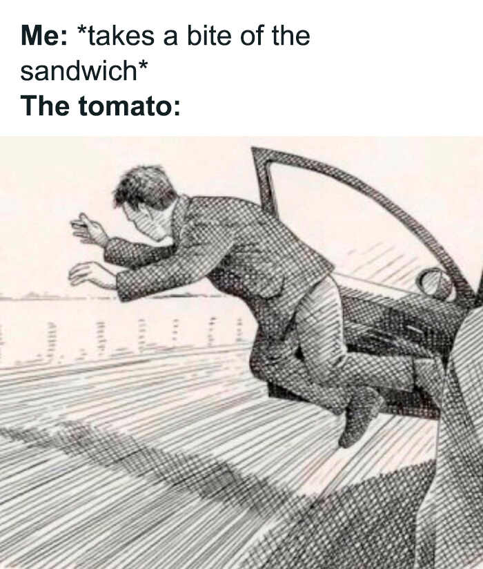 A relatable meme illustrating a tomato jumping out of a sandwich after a bite, a respectful meme to boost morale.