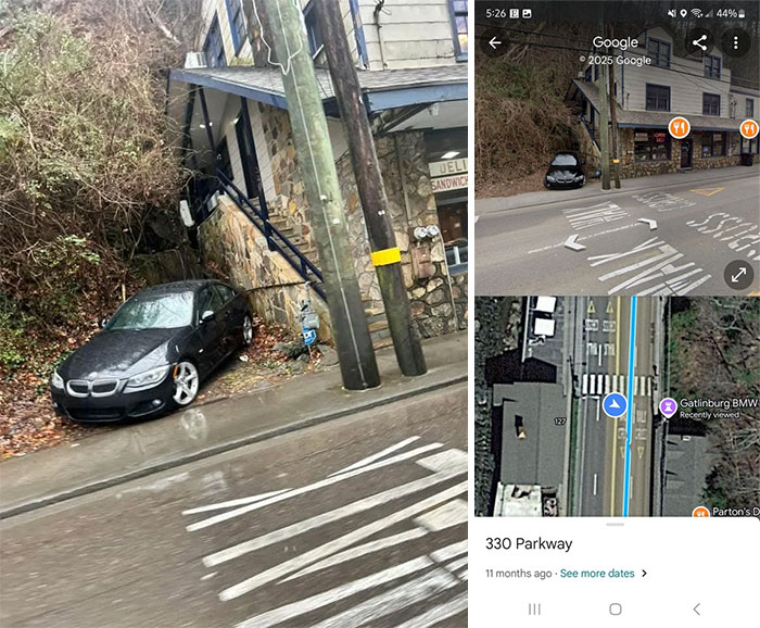 A BMW Has Been Parked In Gatlinburg, TN In A Mildly Odd Spot For So Long That It Has Become A Local Landmark (And Even Has Its Own Google Maps Pin)