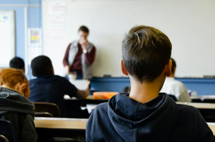 A Gen Alpha student's back view, sitting in a classroom with a teacher standing at the whiteboard. Teachers paint a grim picture.