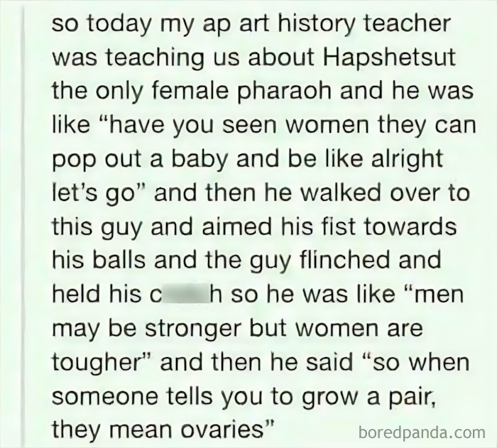 An embarrassing screenshot: teacher's strange comparison of men and women's toughness with a punch.