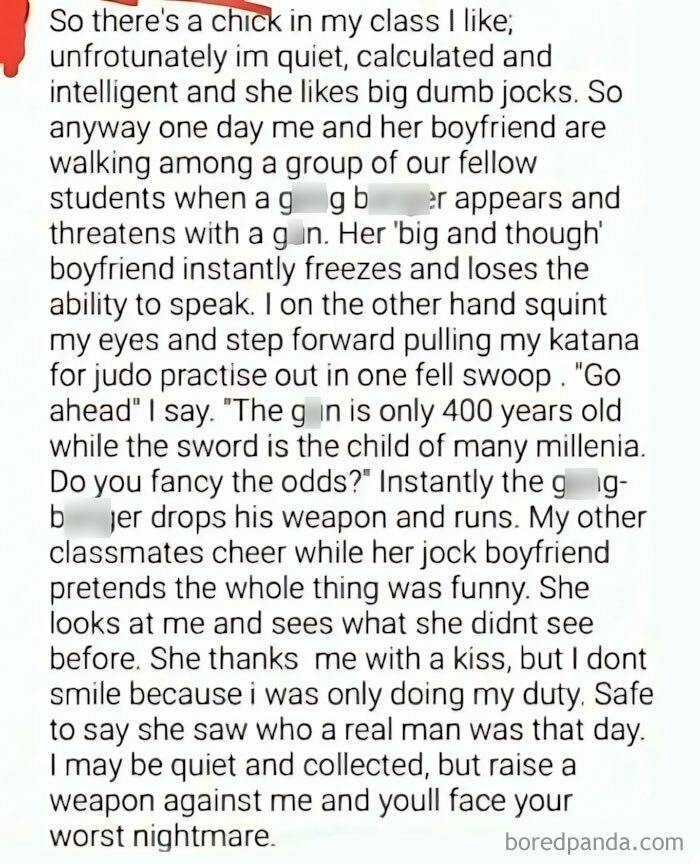 A hilariously embarrassing screenshot of a user's fictional heroic tale against a thug, proving lying.