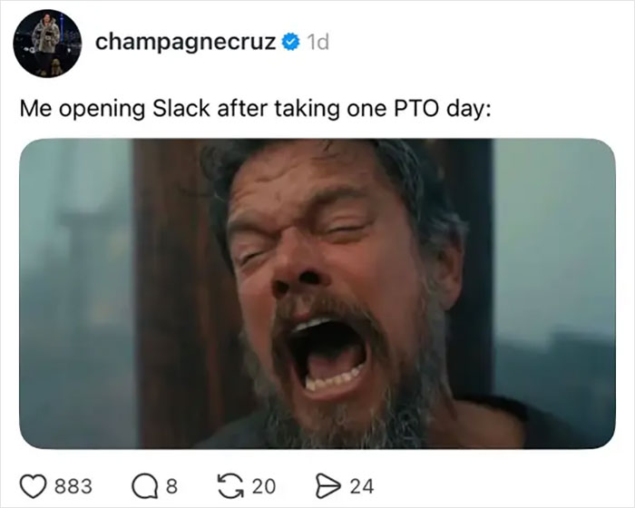A meme capturing the painful realities of 9-to-5 life, depicting a man screaming in agony after taking a PTO day.