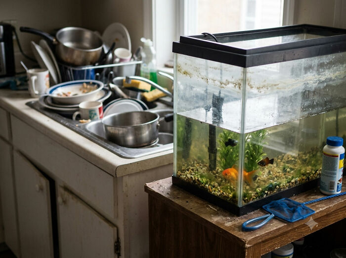 A kitchen sink full of dirty dishes next to a small fish tank, showing a freaked out home.