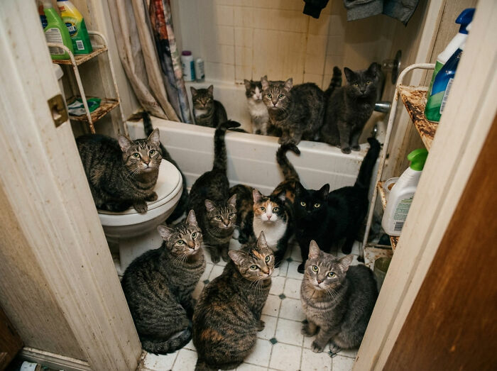 A small bathroom filled with many cats looking at the camera, showing men freaked out by a woman's home.