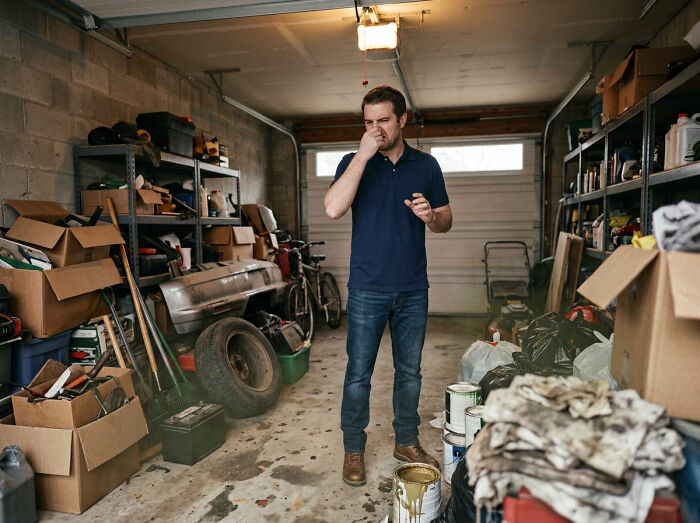 A man pinching his nose in a cluttered garage, looking freaked out in a woman's home.