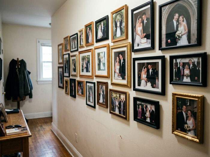 A hallway with many framed wedding photos on the wall, showing men and women freaked out by home decor.