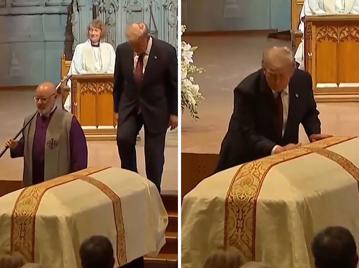 Donald Trump leans on the coffin at Lindsey Graham's funeral, a chaotic moment during the service.