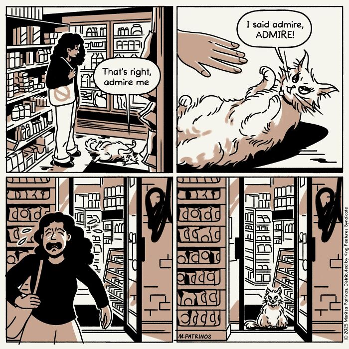 A comic strip depicting cats with jobs, a cat demands admiration from a shopper in a store aisle.