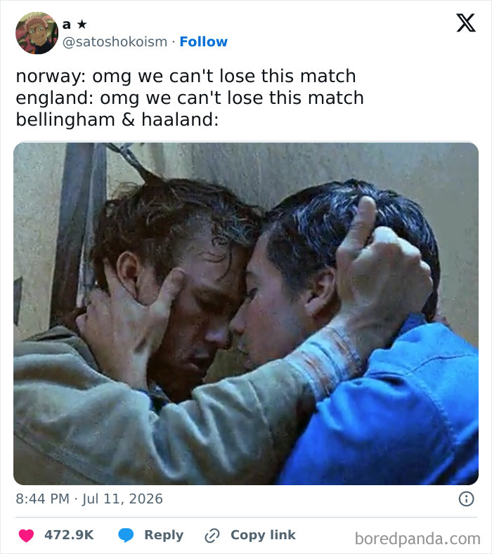 A funny tweet showing an emotional movie scene, captioned with Norway and England football teams reaction to a match in July.