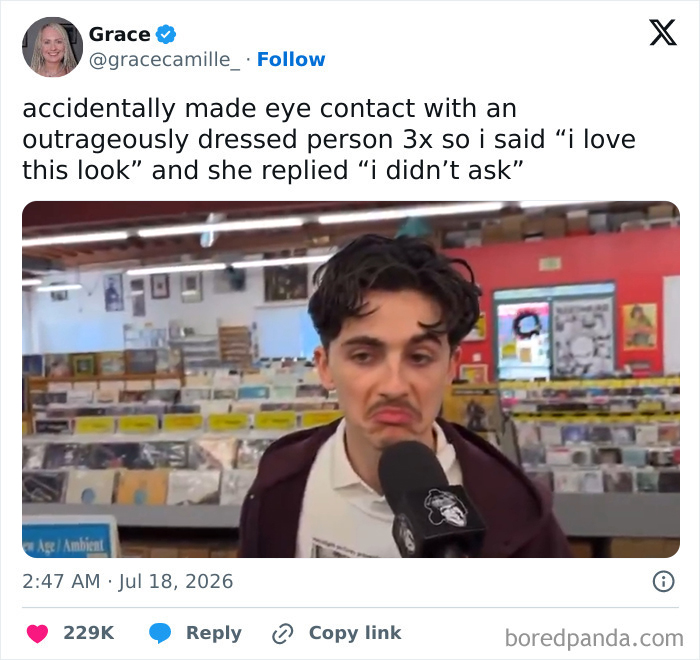 A funny tweet depicting an awkward interaction after complimenting an outrageously dressed person, part of unhinged tweets.