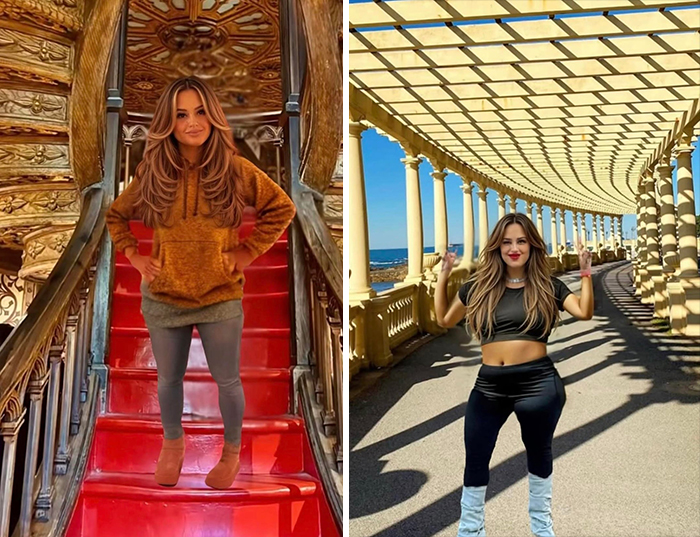 A split image shows a woman posing awkwardly on a red staircase and another posing by pillars, both showing people not natural on social media.