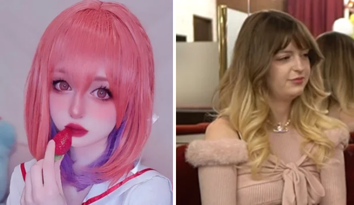 A split image of a woman with pink hair and makeup on social media, next to her natural appearance.