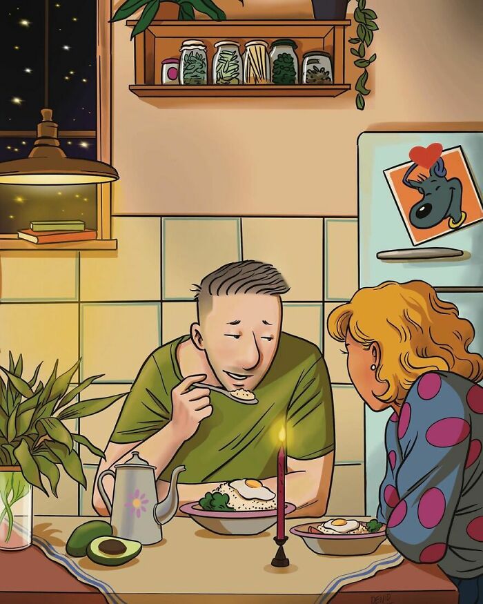 Artist reimagined Doug Funnie and Patti Mayonnaise as adults, sharing a candlelit meal. Focus on adult Doug and Patti.