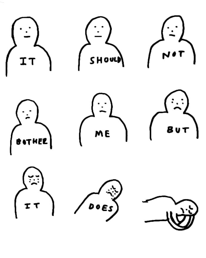 Light-hearted illustrations showing stick figures with words like IT SHOULD NOT BOTHER ME BUT IT DOES, exemplifying silly wordplay and comical puns.