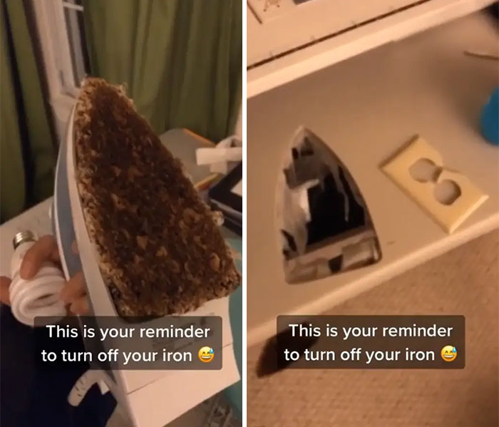 A left image of a melted iron on a surface and a right image of a melted iron from forgetting to turn it off.