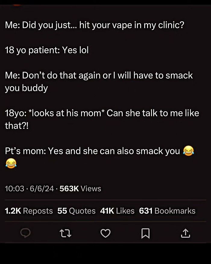 A hilariously embarrassing screenshot of a conversation about a patient vaping in a clinic and getting busted for lying.