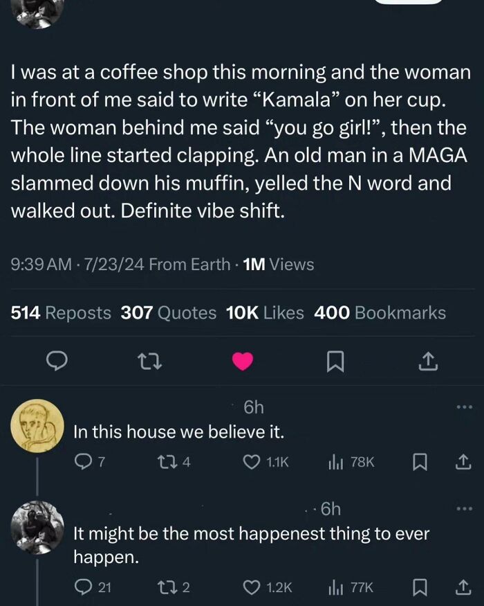 A screenshot of a tweet where a user got busted for lying about a dramatic coffee shop encounter.