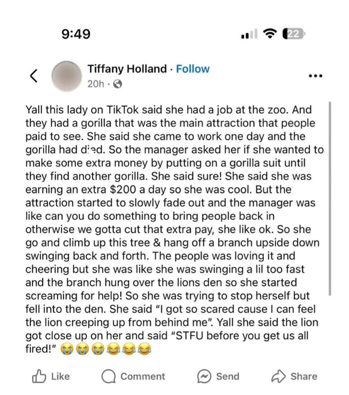 A screenshot of a TikTok story about a woman who got busted for lying about a gorilla costume.