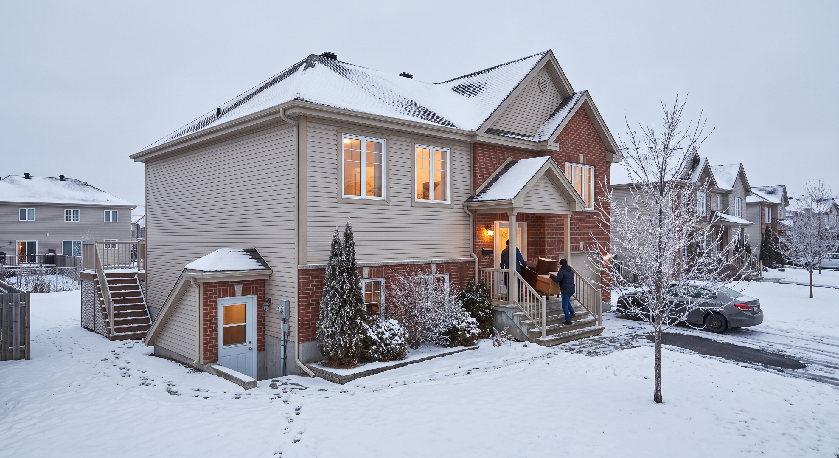 A snowy suburban house with two people carrying boxes, depicting a new way to deal with a nightmare neighbor.