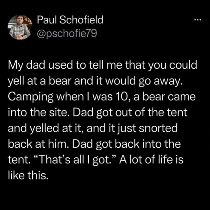 A Twitter screenshot of Paul Schofield sharing a funny story about his dad getting busted for lying about bears.