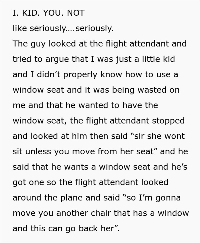 Text describing a flight attendant resolving a conflict over a child's window seat on a flight. Text describing a flight attendant resolving a conflict over a child's window seat on a flight.