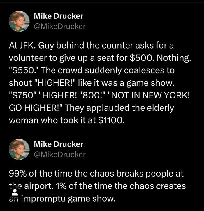 A Twitter screenshot of Mike Drucker describing how people got busted for lying, creating an impromptu airport game show.