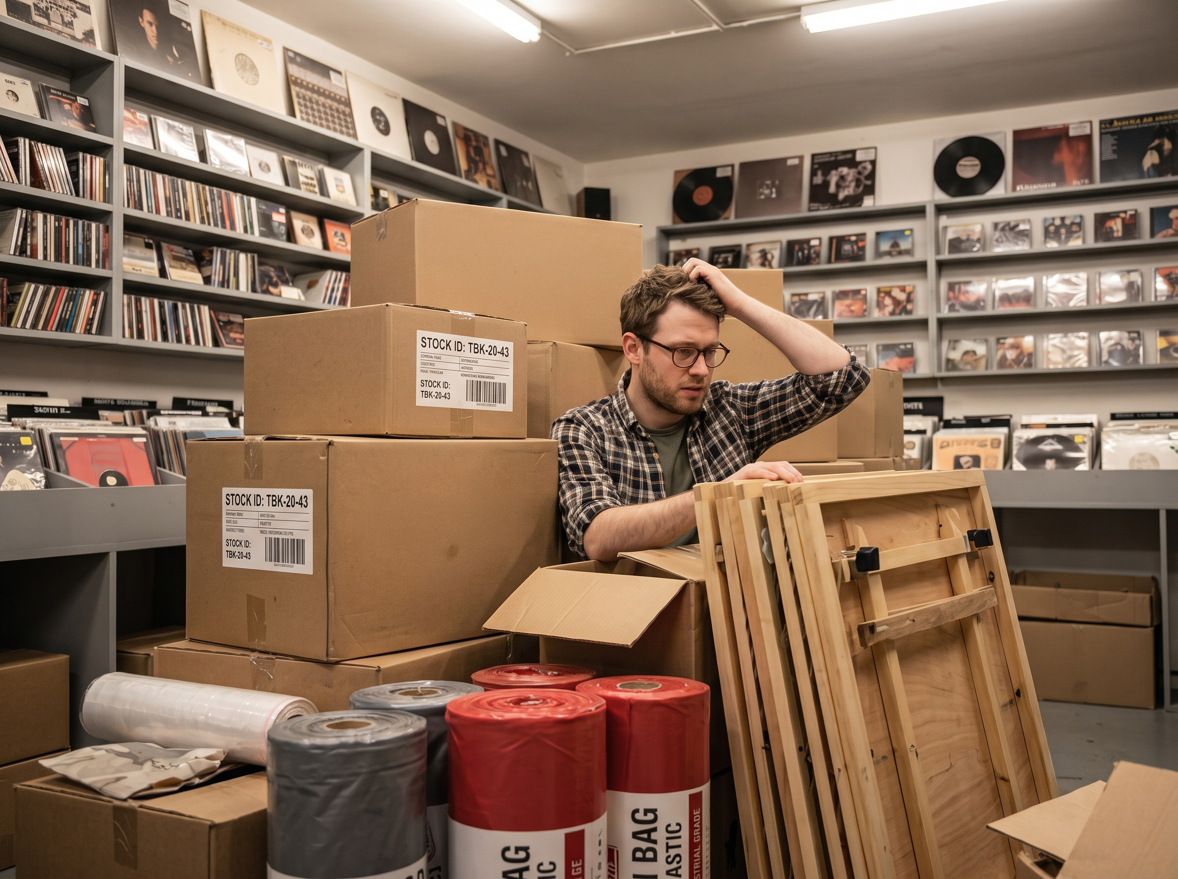 Man overwhelmed by boxes blocking store entrance, an idea preventing customers from entering. Man overwhelmed by boxes blocking store entrance, an idea preventing customers from entering.