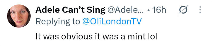 Screenshot of a tweet from Adele Can't Sing saying: 'It was obvious it was a mint lol' about the white substance on Robbie Williams' mic. Screenshot of a tweet from Adele Can't Sing saying: 'It was obvious it was a mint lol' about the white substance on Robbie Williams' mic.