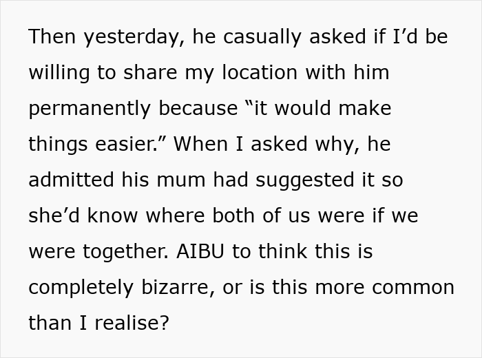 Text snippet: Son asks girlfriend to share her location permanently, admitting his mom suggested it for tracking.