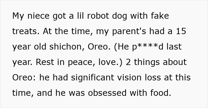 A screenshot from a social media post explaining the older dog Oreo, an anxious sibling's service dog.