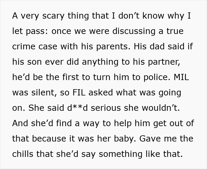 A wife feels like a third wheel as her MIL states she'd help her son evade justice, unsettling the marriage. A wife feels like a third wheel as her MIL states she'd help her son evade justice, unsettling the marriage.