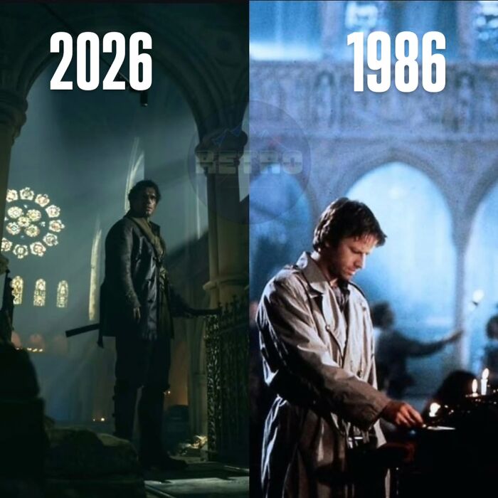 A split image comparing 2026 to 1986, highlighting the distinct aesthetics of the '80s and '90s as superior decades.