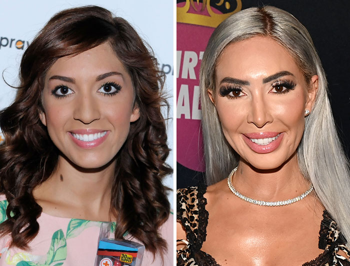 Farrah Abraham pre-plastic surgery photo on the left, with her transformed appearance on the right, highlighting celebrity changes.