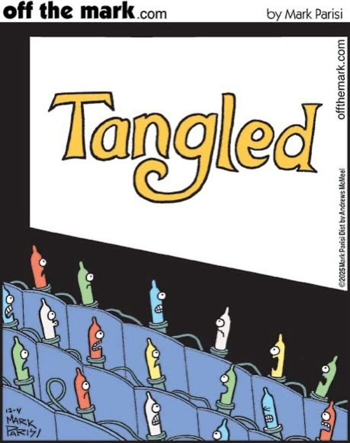 Funny one-panel comic by Mark Parisi: holiday lights tangled with faces, expressing various emotions, making viewers smile.