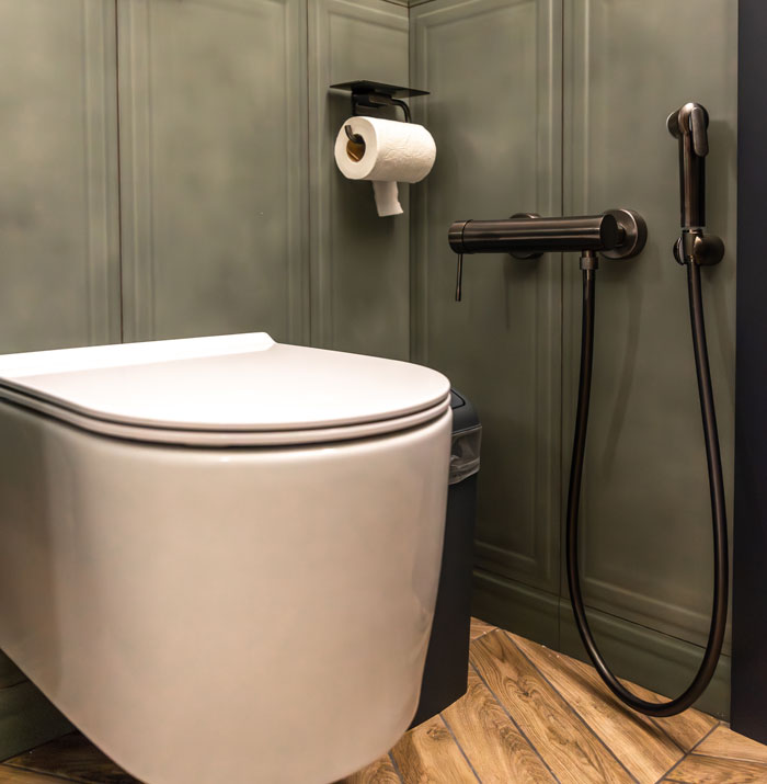 A modern toilet next to a bidet sprayer and toilet paper roll, featuring surprisingly affordable bathroom fixtures.