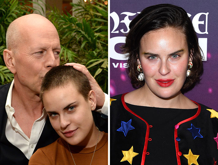 Bruce Willis with his daughter and a solo shot of his daughter, both stars on the autism spectrum.