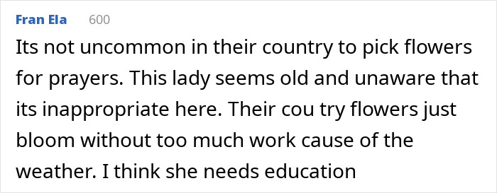 Screenshot of Fran Ela's comment on the entitled neighbor's unawareness about picking flowers.
