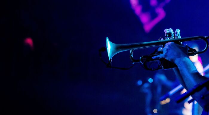 A musician playing a trumpet, illuminated by blue light, setting the mood for a unique music taste experience.