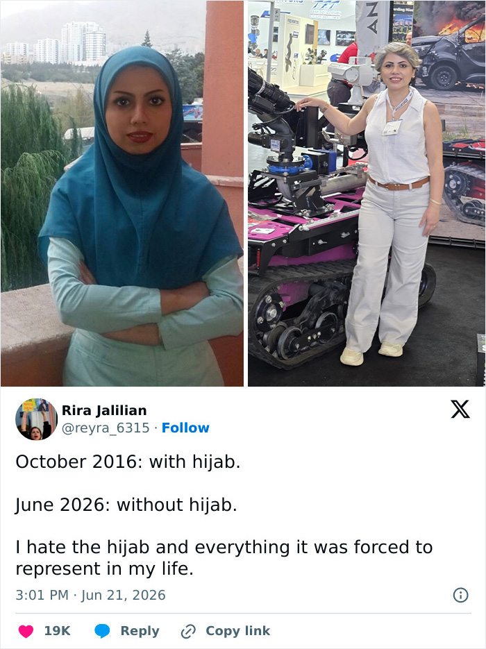A side-by-side of a woman in a blue hijab and the same woman without a hijab at an event.