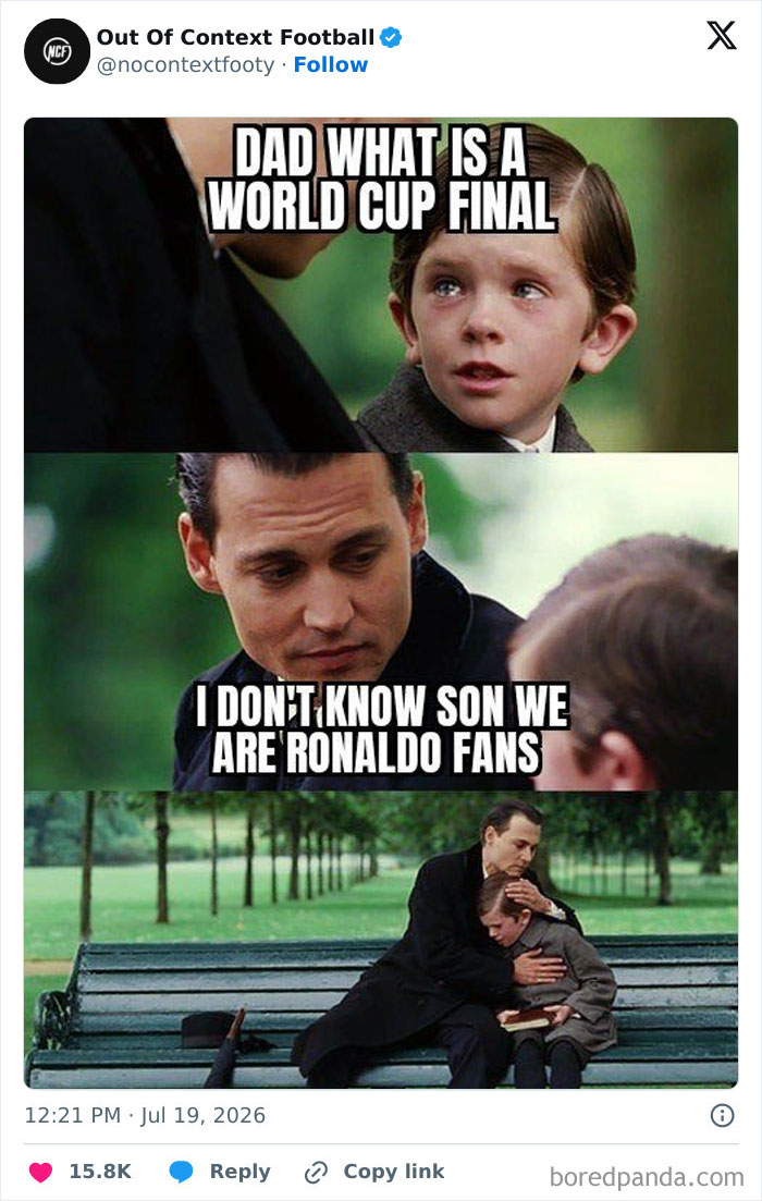 A World Cup 2026 meme with a father and son, the father saying he doesn't know what a World Cup final is because they are Ronaldo fans.