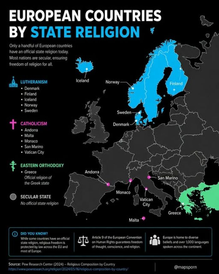 A map of European countries showing state religions, highlighting the diverse geography of religious affiliations across the continent.