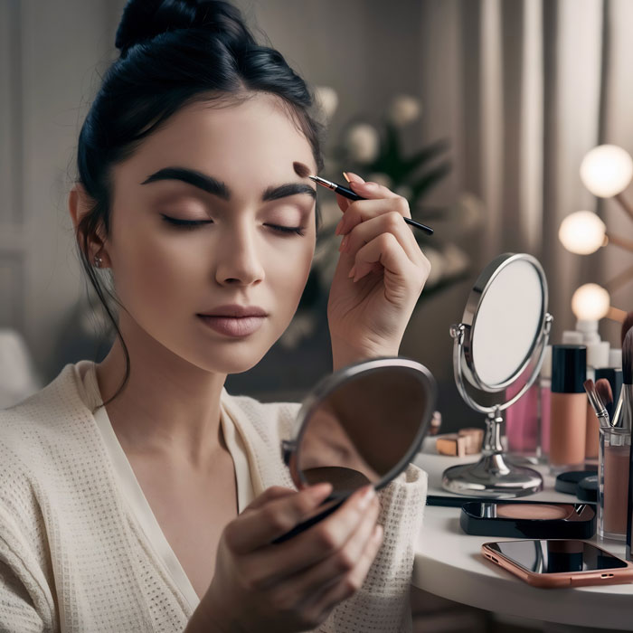 A woman applying makeup, looking in a mirror. Contact a divorce lawyer for issues like not cheating.