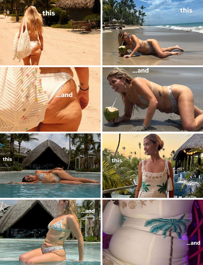 Influencer showing Instagram vs reality scenarios, promoting body positivity on a tropical beach.